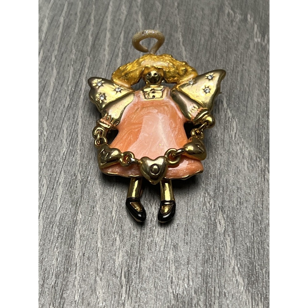 Vintage TC Gold Tone Enamel Angel Brooch Pin Pendant Charm Rhinestones Dangle